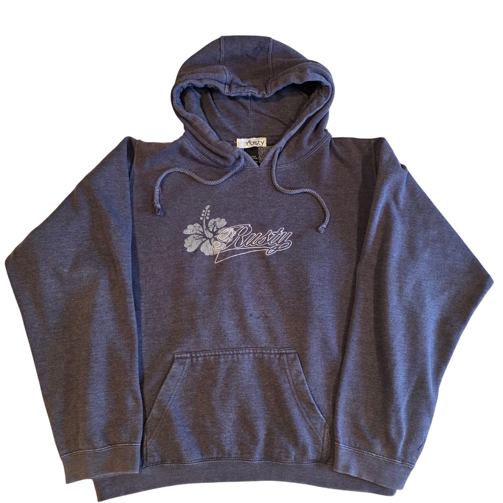 Vintage Rusty Surfboards Hibiscus Logo Hoodie Sweatshirt Womens L Faded Y2K